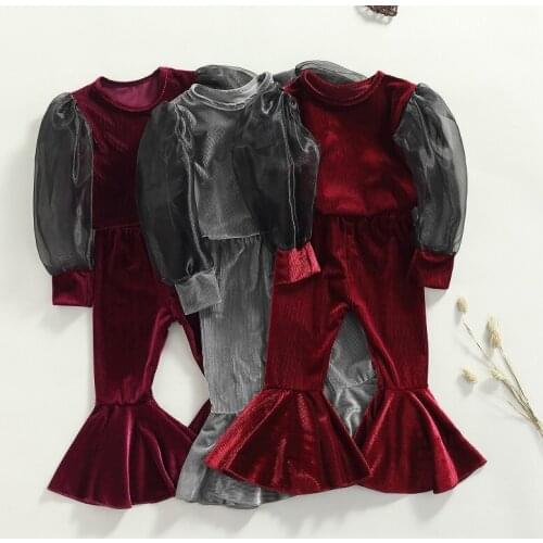 FOCUSNORM 3 Colors Fashion Kids Girls 2pcs Clothes Sets Solid Mesh Puff Long Sleeve T Shirts Flare Trousers Pants 1-5Y