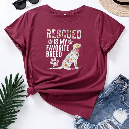 Womens Graphic Tees Cotton Short Sleeve Crew Neck Loose T Shirt Plus Size Tops Female Summer Shirt Rescued Is My Favorite Breed