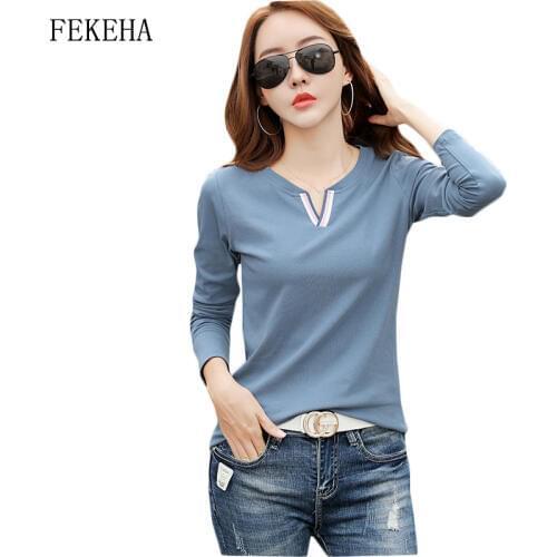 T Shirt Women Tee Tops 2020 New Autumn 95% Cotton Long Sleeve V Neck Female T-Shirt White Casual Basic Classic Clothes