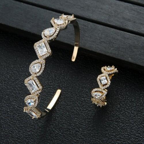 HIBRIDE Luxury 2pcs Bracelet and Ring Set Geometric Design Micro Pave Cubic Zirconia Jewelry Sets for Women Bridal Wedding N-56