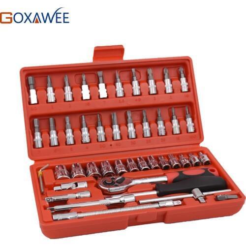 GOXAWEE Car Repair Tools Socket Wrench Set 46pcs 1/4" Ratchet Torque Wrench Combo Tools Kit Screwdriver Auto Repairing Tools