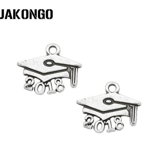 JAKONGO Antique Silver Plated 2018 Graduate Charms Pendant for Jewelry Making Bracelet Accessories DIY 13x17mm 30PCS/lot