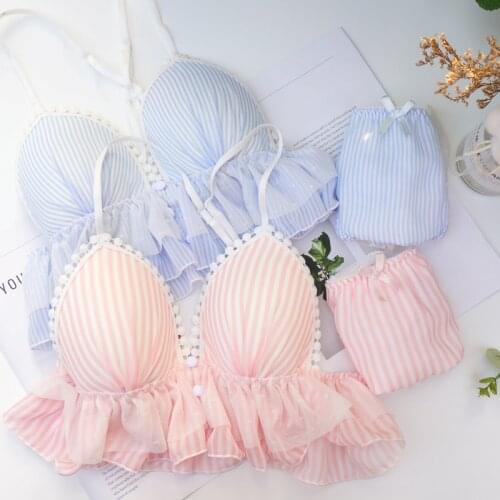 Kawaii Japanese Lolita Princess Lingerie Set Striped Flouncing Bra & Briefs Bikini Brassiere Set Womens Bra Panties Vest Type