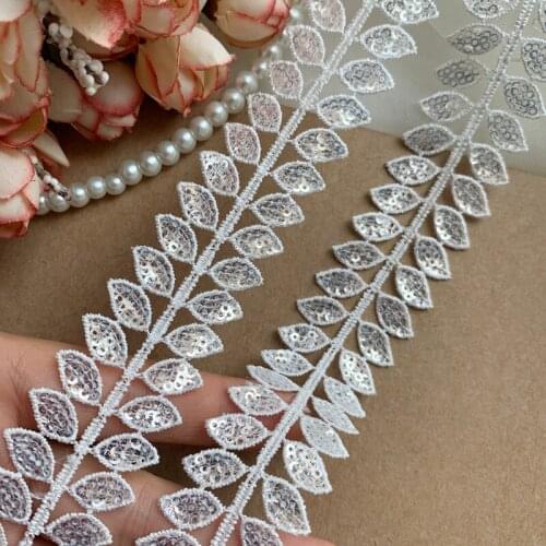 3 Yards Silver Sequined Lace Trim Leaf lace Chain Trim Tape Ribbon for Bridal gown, Collar, Sash Belt, Headbands