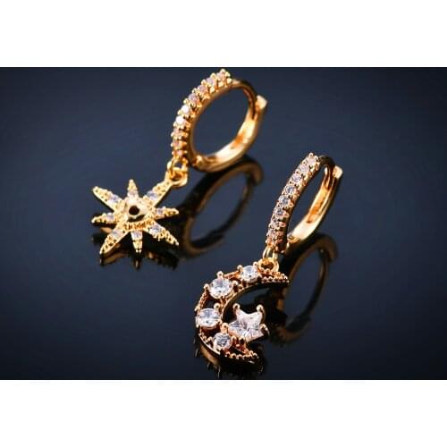 Trendy Female Asymmetry Small Earrings Cute Gold Color Zircon Hoop Earrings For Women Charm Crystal Moon Star Wedding Earrings