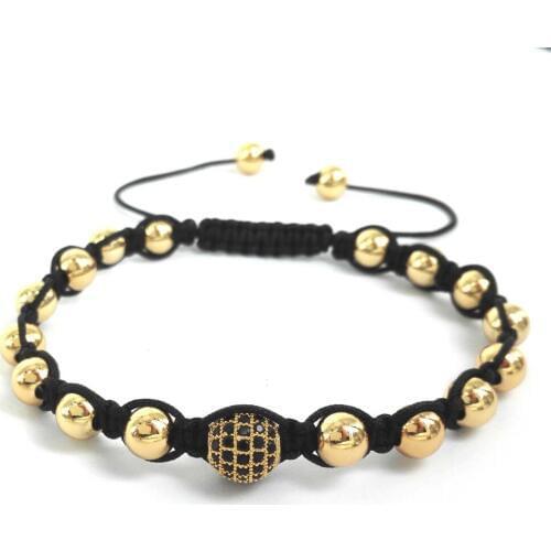 Fashion Brand Bracelet,High Quality Round Brass Beads with 8MM Micro Pave Black CZ Beads Braiding Macrame Bracelet for Men,Gift