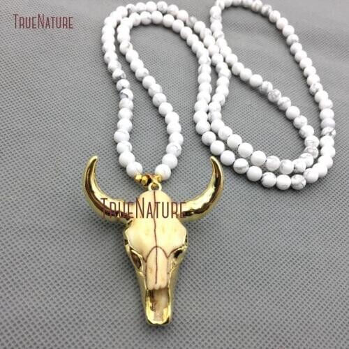 Gold Finish Cattle Skull Animal Necklace Resin Handmade Charm White Howlite Round Beads Boho Necklace In 32 Inch NM4303