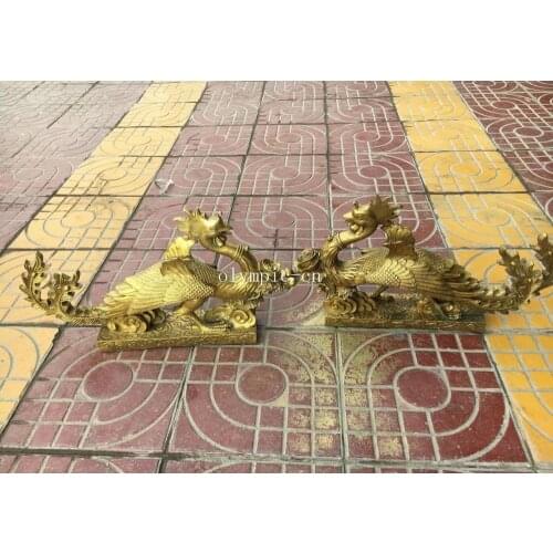Pair 16'' Brass copper carved home fengshui decor two both birds phoenix peafowl