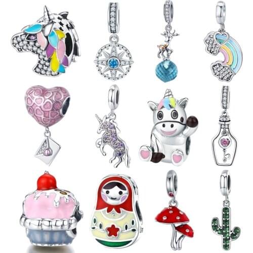 Cactus Charm 925 Sterling Silver CZ Unicorn Heart Rainbow Bottle charms Cactus Charm Fit Charms Bracelet Silver 925 Fine Jewelry