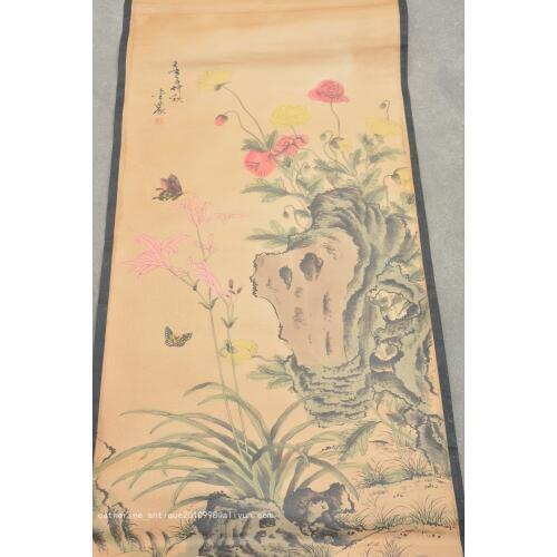 Rare Hand-painted QingDyansty Chinese vertical axis paintings,butterfly, free shipping