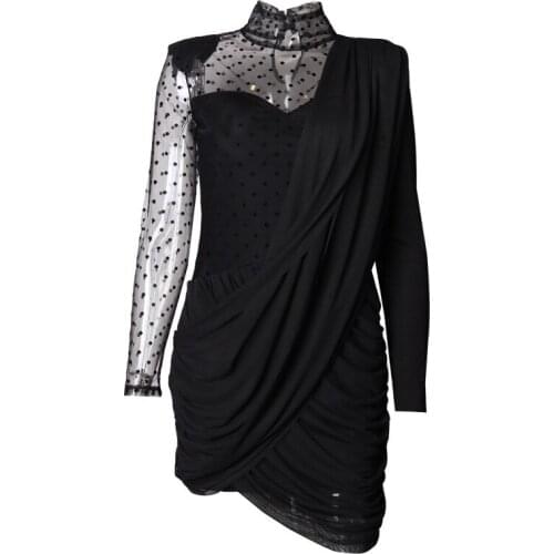 Style brand New fashion stand up collar sexy Polka Dot mesh splicing slim package hip fold dress