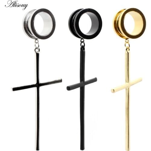 Alisouy 2pcs Stainless Steel Cross Dangle Ear Plugs Tunnels Gauges Expander Stretcher Extender Body Piercing Jewelry Earrings