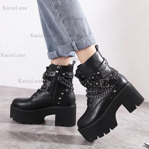 Brand Design Gothic Black Halloween Cosplay Dress Up Combat Boots Comfy Boots Big Size 42 Chains Chunky Heels Woman Shoes