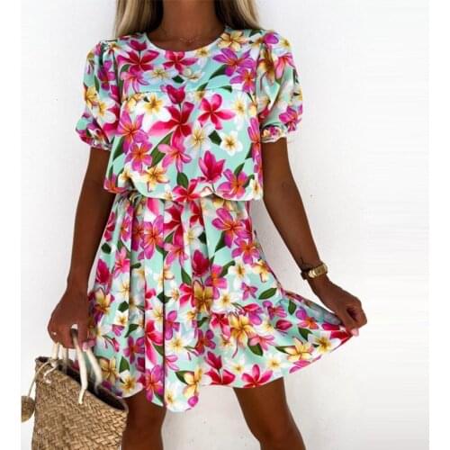 Puff Sleeves Ruffled Women Print Dress Fashion O-neck Flowers Asymmetrical Mini Sundress Summer Ladies Boho Beach Vestidos 2021