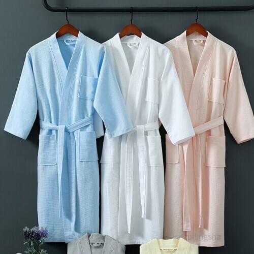 100% Cotton Bathrobe Plus Size Women Pijamas Summer Kimono Bath Robes Bridesmaid Mid-Calf Waffle Dressing Gown Men Sleepwear