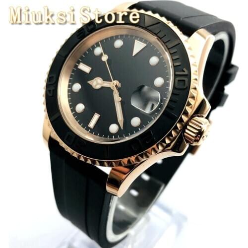 40mm top luxury mechanical watch rose gold case black sterile dial luminous rubber strap mens automatic watch