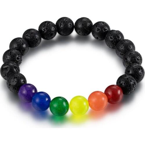 Rainbow Volcanic Stone LGBT Pride Bangles Bracelets Stainless Steel Beaded Wristband for Men Woman Jewelry
