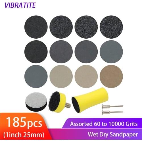185pcs 1Inch Sanding Discs Wet Dry Sand Pads with 1/8" Shank Backing Pad and Soft Foam Buffering Pad Assorted 60-10000 for Wood