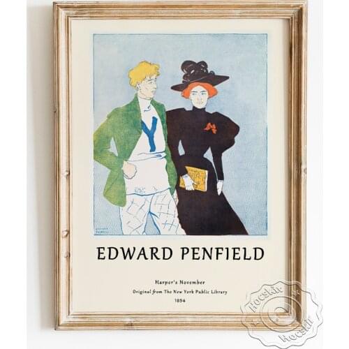 Edward Penfield Exhibition Museum Poster, Harpers November Art Prints, Black Dress Lady Green Jacket Gentleman Retro Wall Decor