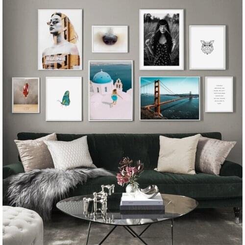 Flamingo Line Animal Golden Gate Bridge Woman Wall Art Canvas Painting Posters and Prints Wall Pictures for Living Room Decor