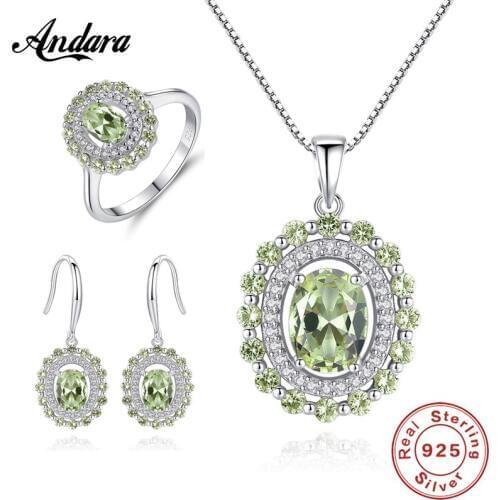 Top Quality Jewelry Set 925 Sterling Silver Fashion Round Natural Olive Green Gem Necklace Earrings Rings Set