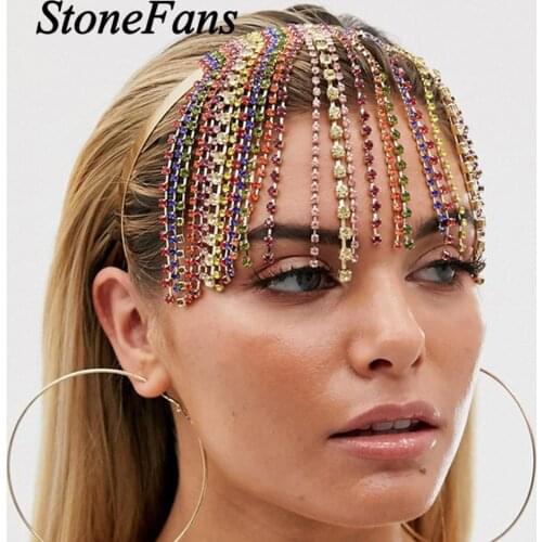 Stonefans Bohemian Colorful Rhinestone Headband Forehead Chain for Women Bridal Tassel Headband Chain Weedding Hair Jewelry