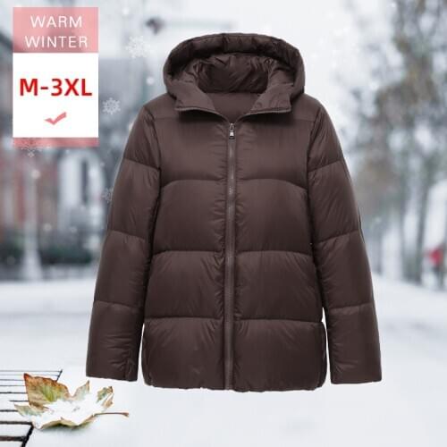 Winter Women Short White Duck Down Jacket With Hood Female Thick Loose Soft Warm Zipper Coat Big Size Windproof Good Quanlity