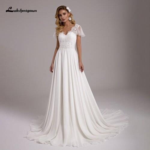 Lakshmigown Boho Chiffon Wedding Dress 2021 Short Sleeve V Back Custom Made Bride Dress Lace Weeding Gowns robe de mariee