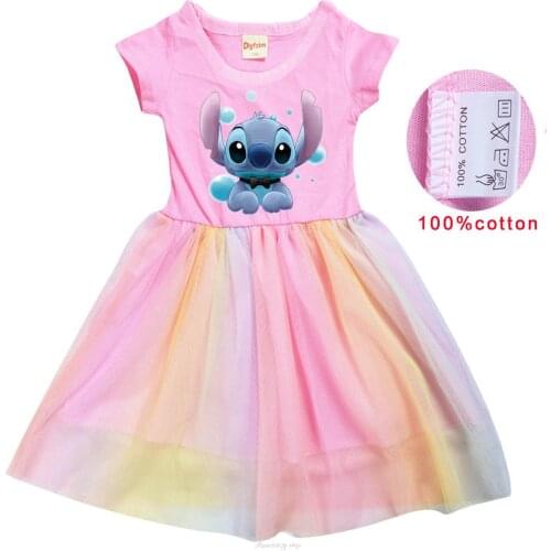 Disney Summer Stitch Girl Cotton Dress Lace Princess Dress Children Toddler Girl Home Party Casual Halloween Clothes Dresses