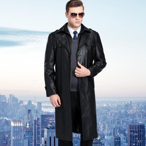 Mens Leather Trench Coat Double-breasted X-long Business Casual Plus Size Leather Jacket M-5XL Men Leather Jacket Winter Coat