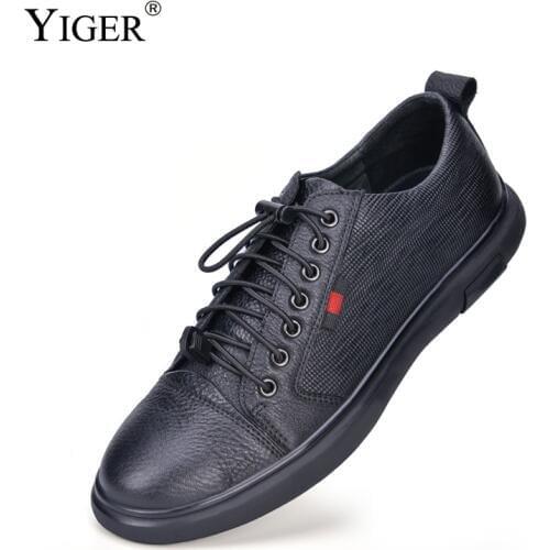 YIGER New Mens Loafers genuine leather man casual flat shoes male leisure Elastic band Non-slip shoes Spring Black Design style