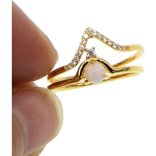 Gold filled engagment 2pc ring set CZ paved V shape fire opal tiny thin wedding ring new arrival valentines day gift