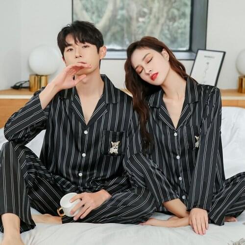 Womens Pajamas Plus Size Lovers Black Vertical Stripes Puppy Print Lapel Long-sleeved Homewear Faux Silk Couple Sleepwear Ins