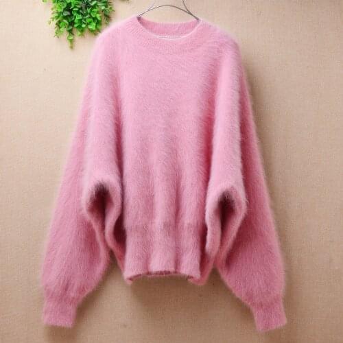 Korean fashion ladies women pink winter mink cashmere knit long batwing sleeves loose oversized lazy oaf pullover angora sweater