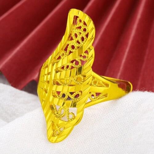 Luxury Women Finger Ring 24K Gold Charm Jewelry Gift Dubai Bridal Rings Geometric Hollow Jewelry For Wedding Party Wife Gift