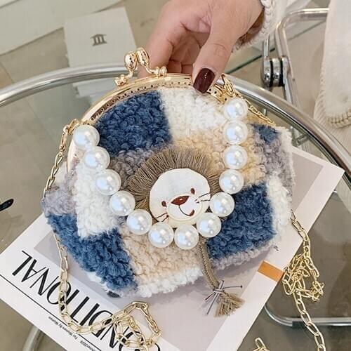 Winter Lion Pattern Bag Soft Plush Designer Handbags For Women Girl With Pearl Chain Clutch Purse Shoulder Crossbody Bag 2021