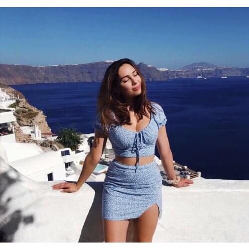 Women Boho Print Clothes Sets Blue Floral Cropped Tops with Split Mini Skirt Two Pieces Sets Summer Short Puff Sleeve Bow Sets