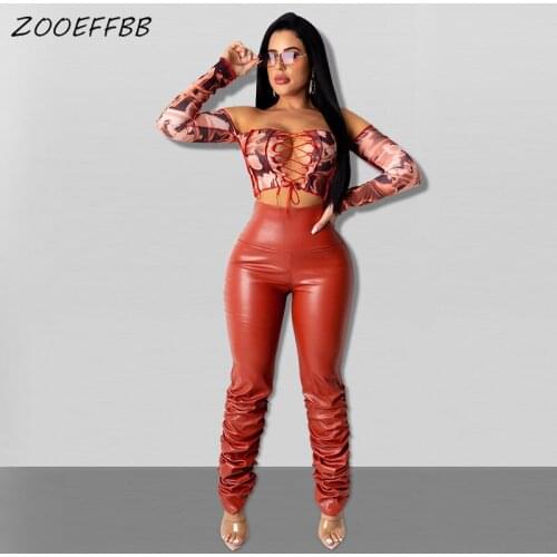 ZOOEFFBB Pu Leather Elastic Stacked Sweatpants Women Fashion Clothing Sexy High Waist Motorcycle Trousers Casual Jogger Pants