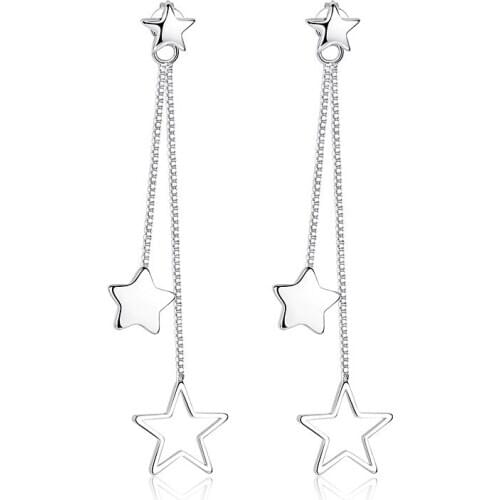 100% 925 sterling silver fashion little star ladies`long tassels stud earrings jewelry women wholesale birthday gift hot sale