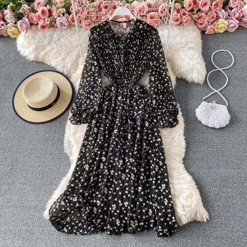 Sweet Chiffon Dress 2021 Spring Summer New Goddess Fan Large Swing Temperament V-Neck Girls Slim Floral Dress Midi Vestidos M011