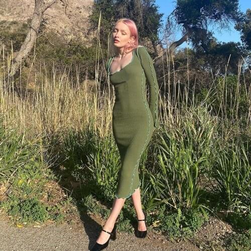 Women Autumn Sheath Dress Stitching Square Neck Long Sleeves Ribbed Knitted Bodycon Dress for Ladies Green