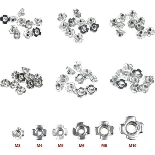 10Pcs M3 M4 M5 M6 M8 M10 Zinc Plated Four Claws Nut Speaker Nut T-nut Blind Pronged Tee Nut Furniture Hardware Set