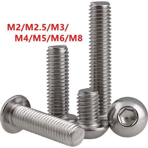 100pcs or 50pcs ISO7380 M2 M2.5 M3 M4 M5 M6 M8 Bolts A2-70 Hexagon Socket Button Head Round Screw Screws SUS304 Stainless steel