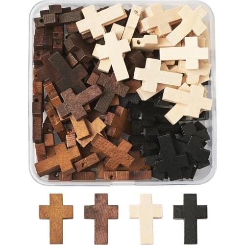 100pcs Mixed Color Cross Wooden Dyed Pendants Charms for Jewelry Necklace Bracelet Making Supplies 21~22x14~15x4~5mm Hole:1.8mm