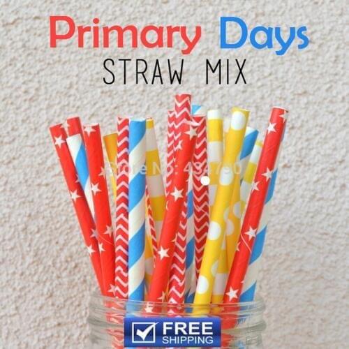 200pcs Mixed 4 Designs Primary Days Circus Paper Straws Party, Blue, Red, Yellow Chevron, Striped, Sailor Stripe, Star