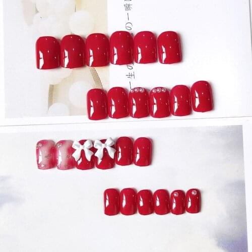 High Quality 24pcs Bow Wine Red Nail Patch Square Head Glue Type Removable Short Paragraph Fashion Manicure False Nail Patch