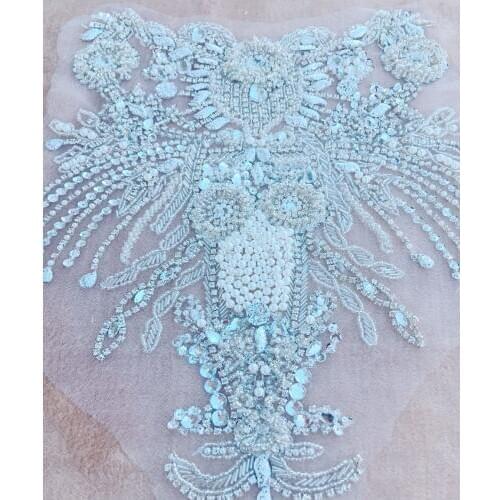 Pure hand made silver sew on Rhinestones applique on mesh crystals patches trimming 40*37cm dress accessory