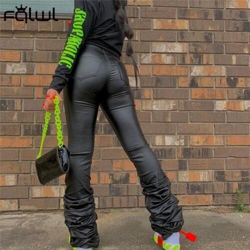 FQLWL Fall Faux Pu Leather Black Pants High Waist Stacked Pants Women Trousers Winter Skinny Ladies Sexy Bodycon Pants Female