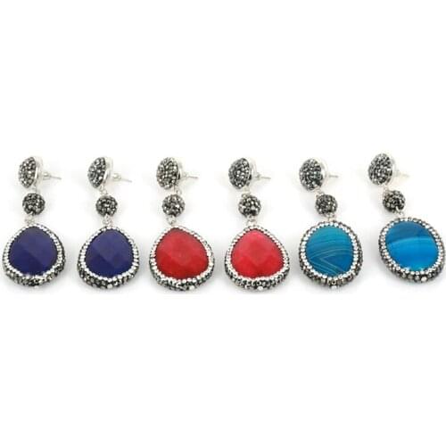 DANKAISHI New Jewelry Water Drop Tear Drop Oval Dake Blue Red Blue White Pattern Semiprecious Stone Dangle Women Earrings