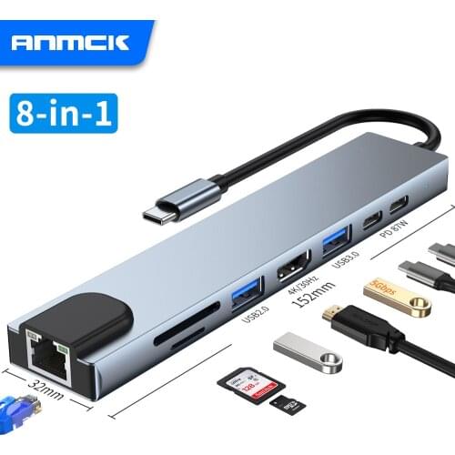 Anmck USB C Hub For Laptop Adapter PC Computer PD Charge 8 Ports Dock Station RJ45 HDMI TF/SD For Macbook Air Usb C Splitter